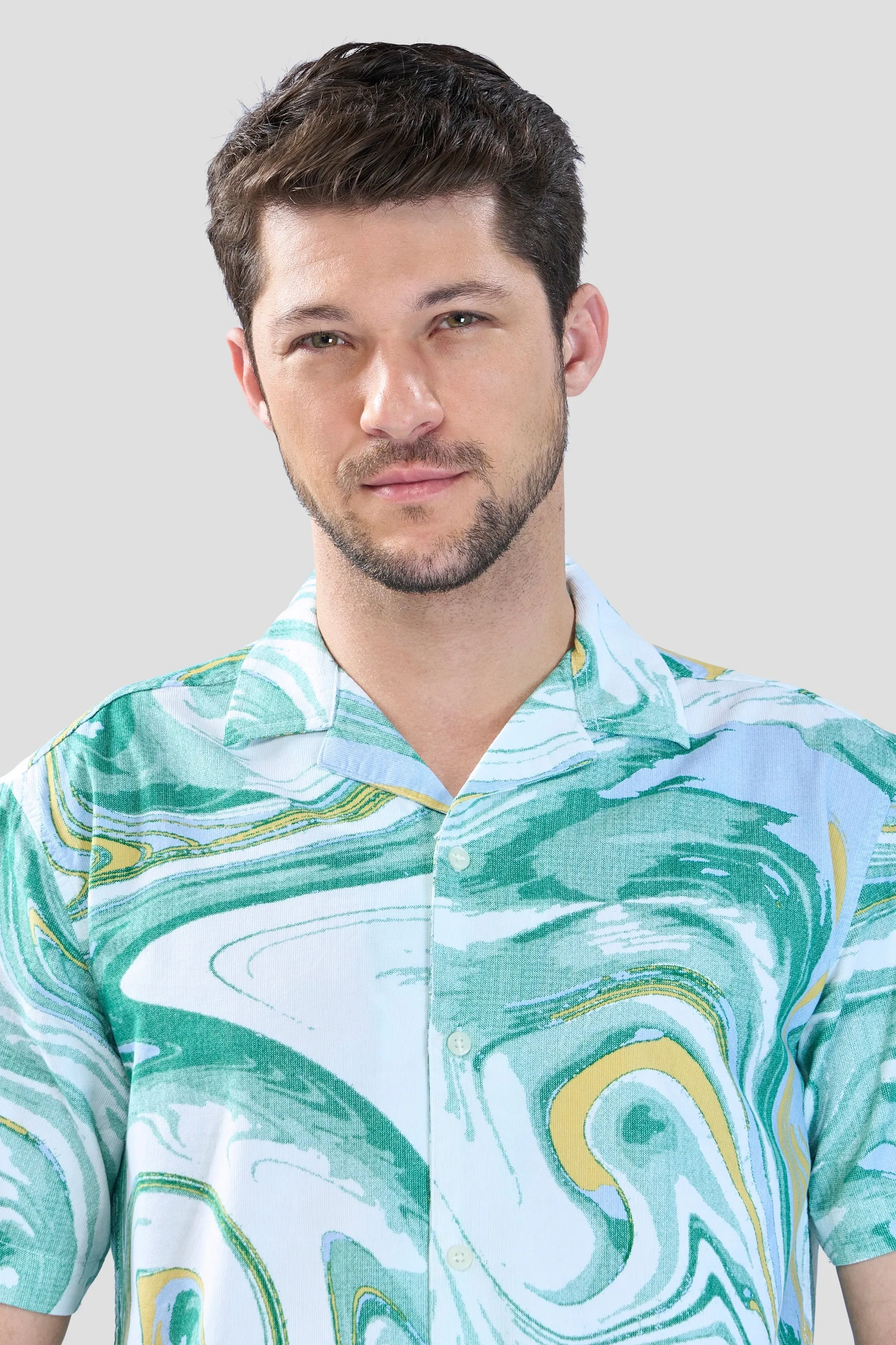 XKIND GREEN FINE CORD DROP SHOULDER PRINTED RELAXED FIT SHIRT