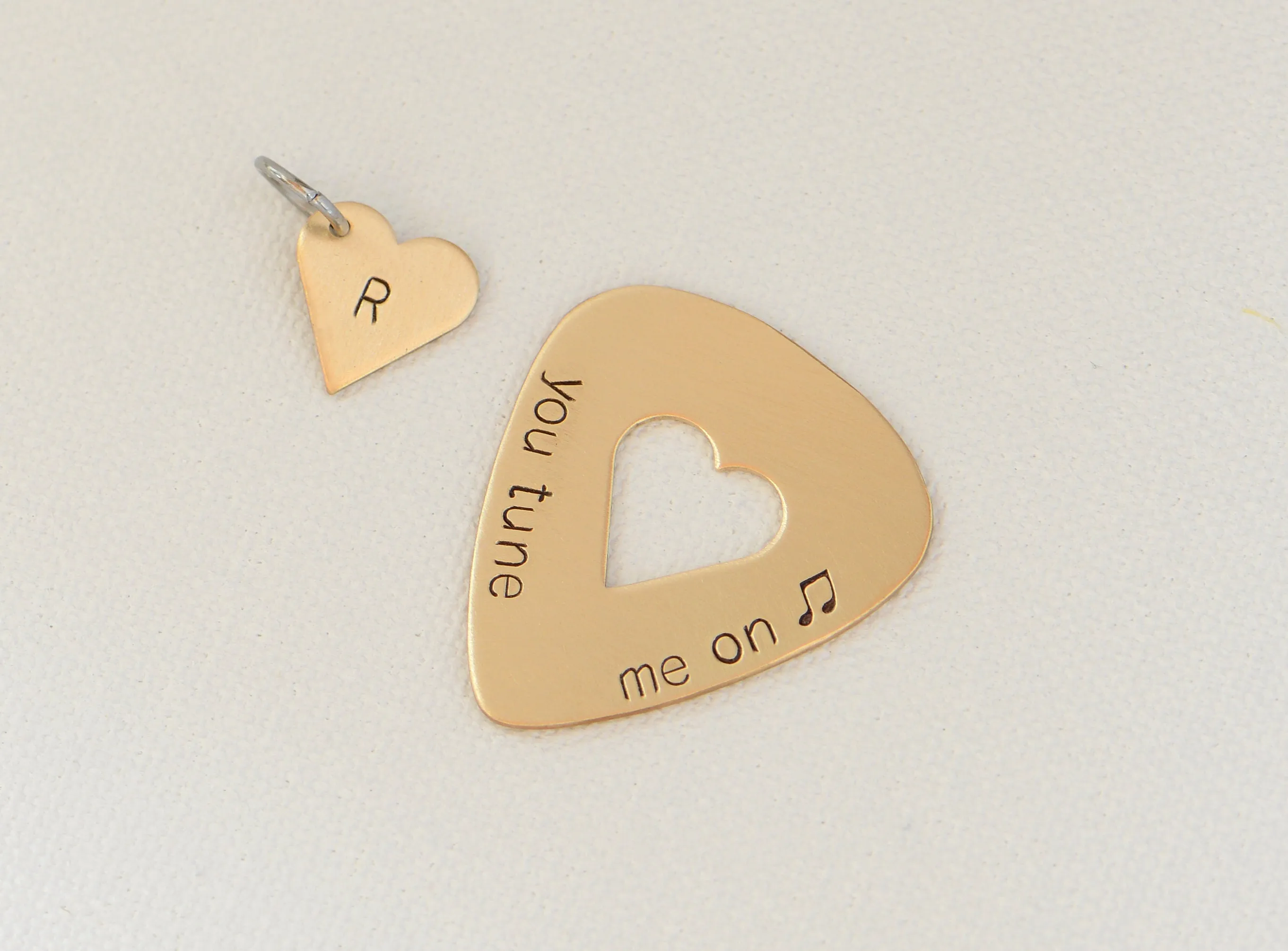 You Tune me On Guitar Pick and Heart Charm Set in Bronze