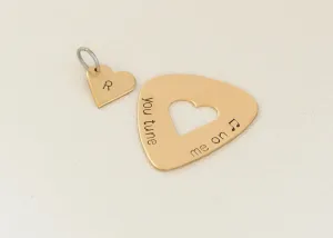You Tune me On Guitar Pick and Heart Charm Set in Bronze