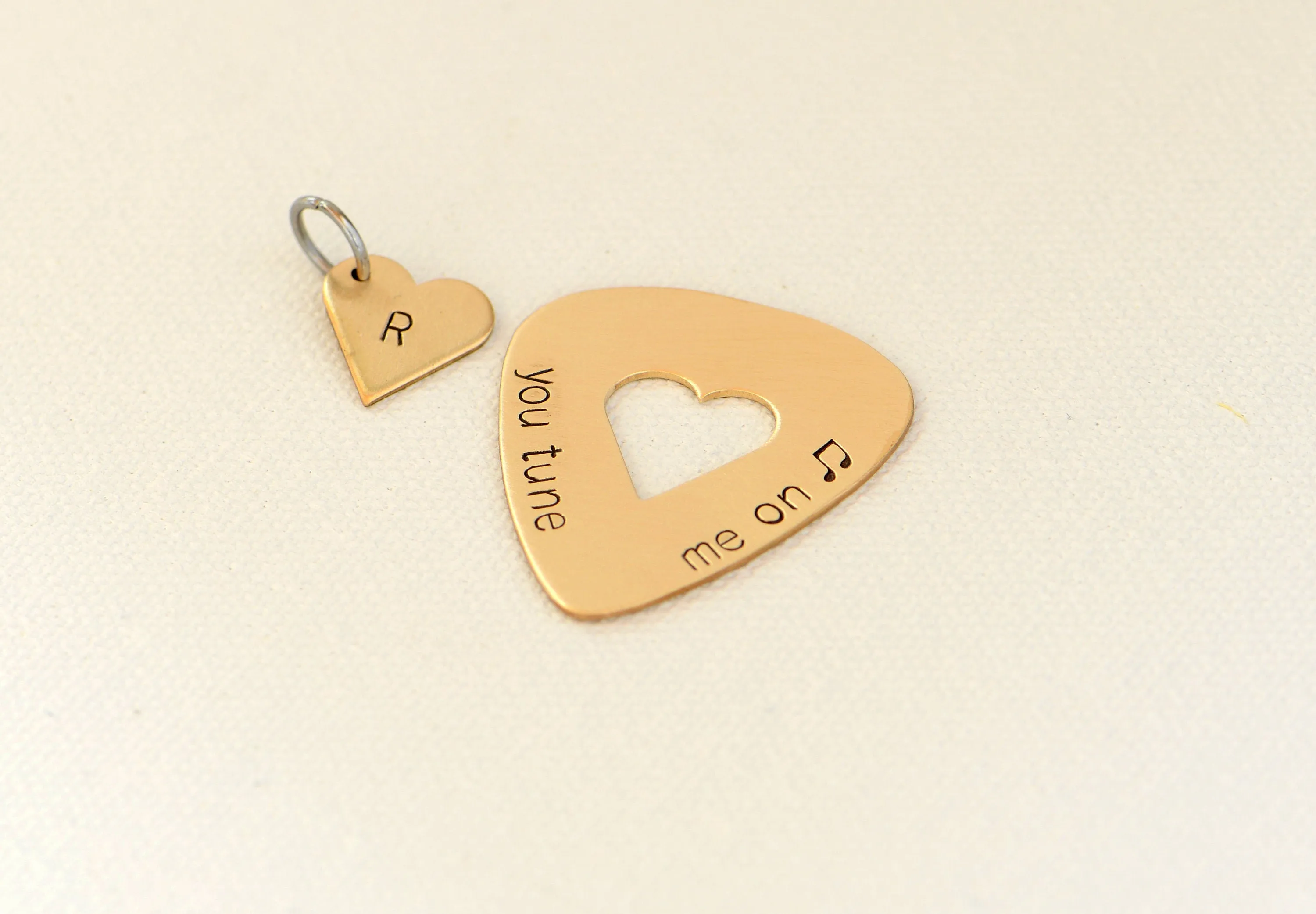 You Tune me On Guitar Pick and Heart Charm Set in Bronze